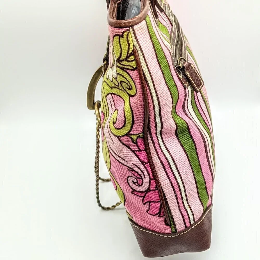 Isabella Fiore Pink Green Floral Canvas Brown Pebbled Leather Trim Bag